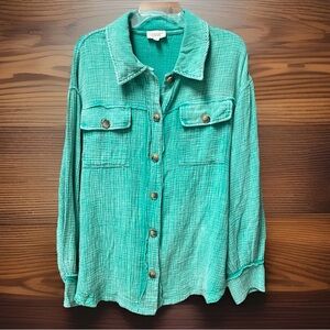 ODDI Mineral Washed Green Gauze Top Sz L Oversized Buttery Soft Boho Raw Hem